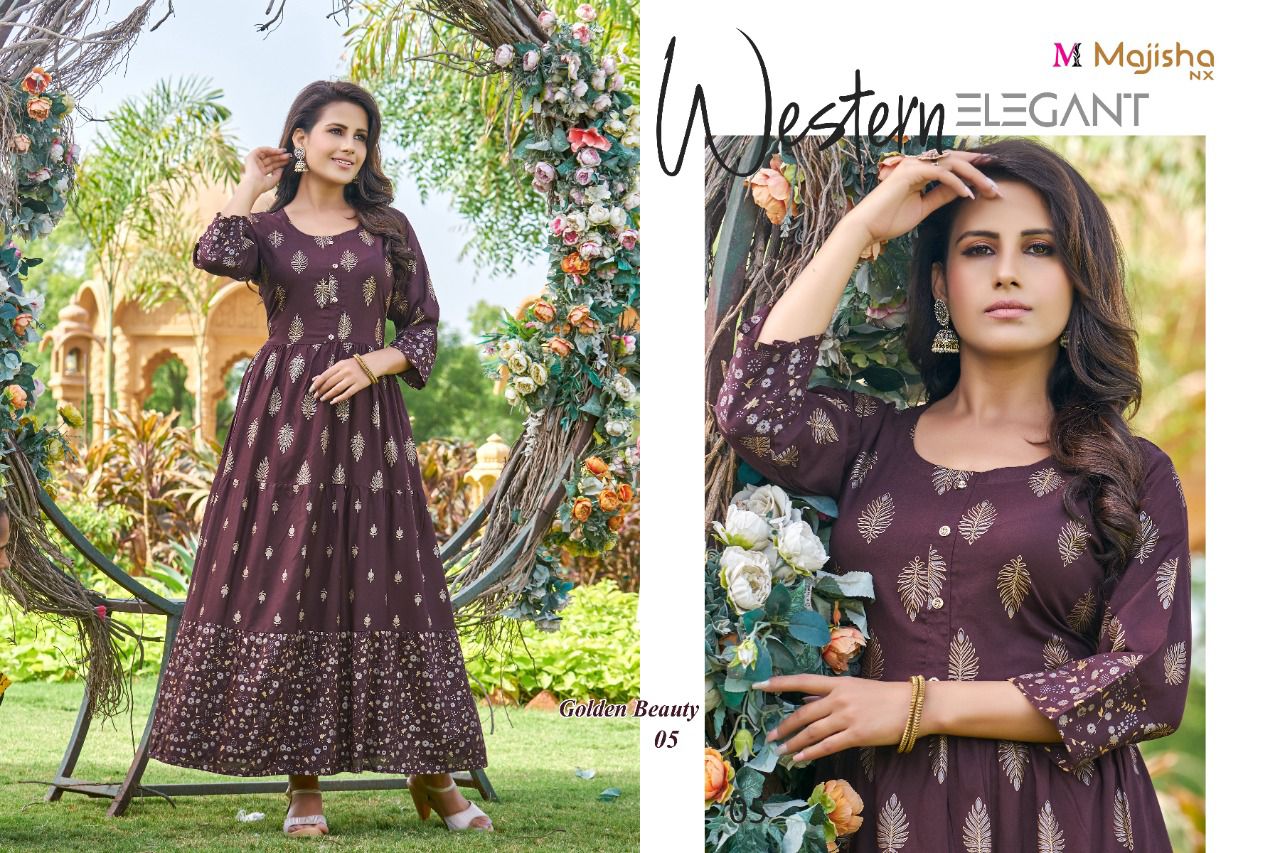 Majisha Nx Golden Beauty Ethnic Wear Rayon Long Anarkali Kurti Collection